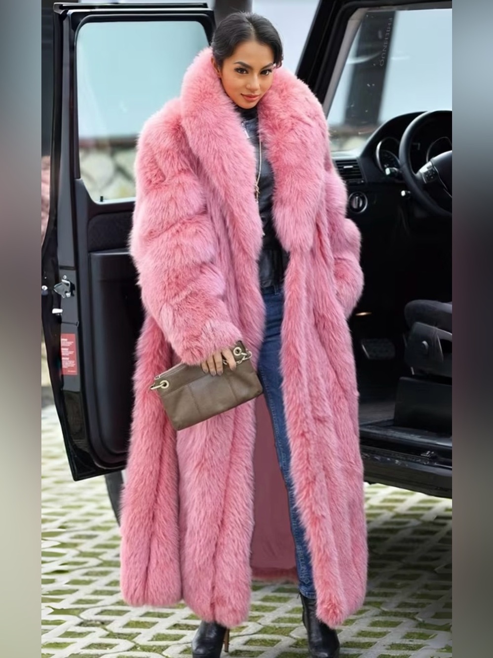 Luxury Long Pink Faux Fur Coat for Women